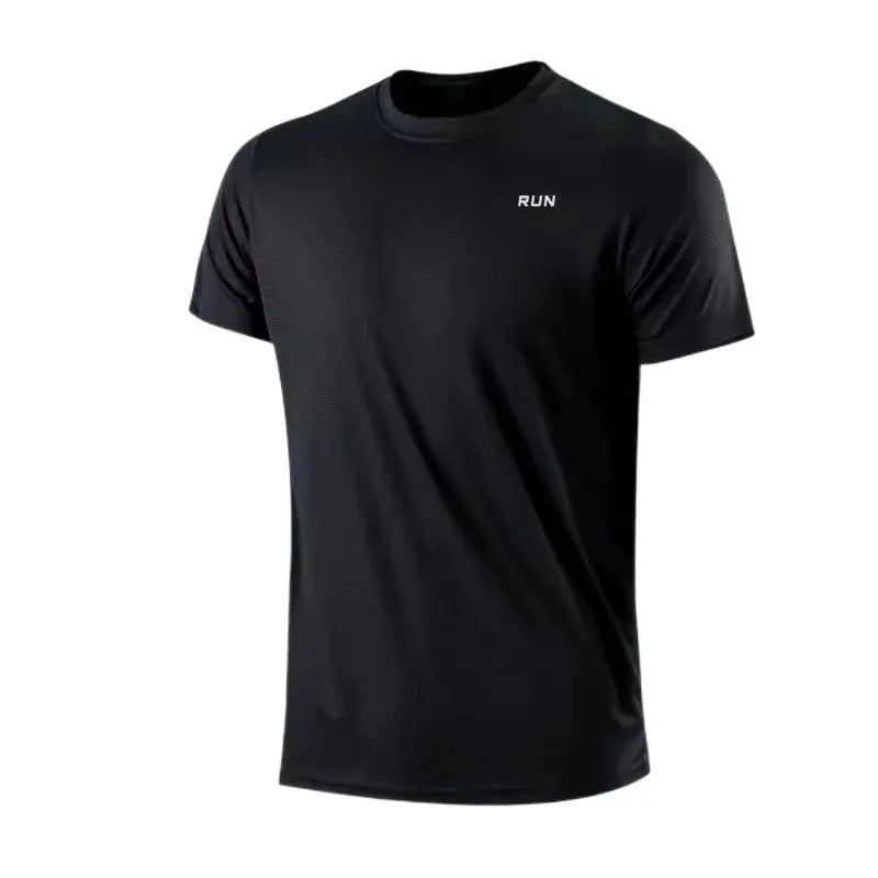 Men's black quick-dry lightweight short-sleeve gym T-shirt, moisture-wicking round-neck