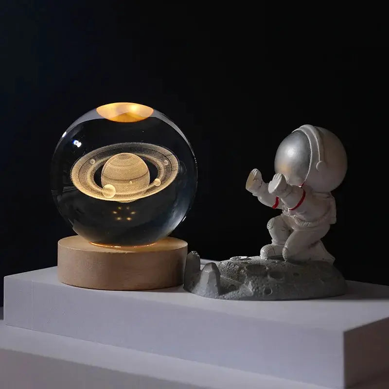 Gift Festival USB LED night light galaxy crystal ball on wooden base; astronaut lunar scene figurine (2 items)