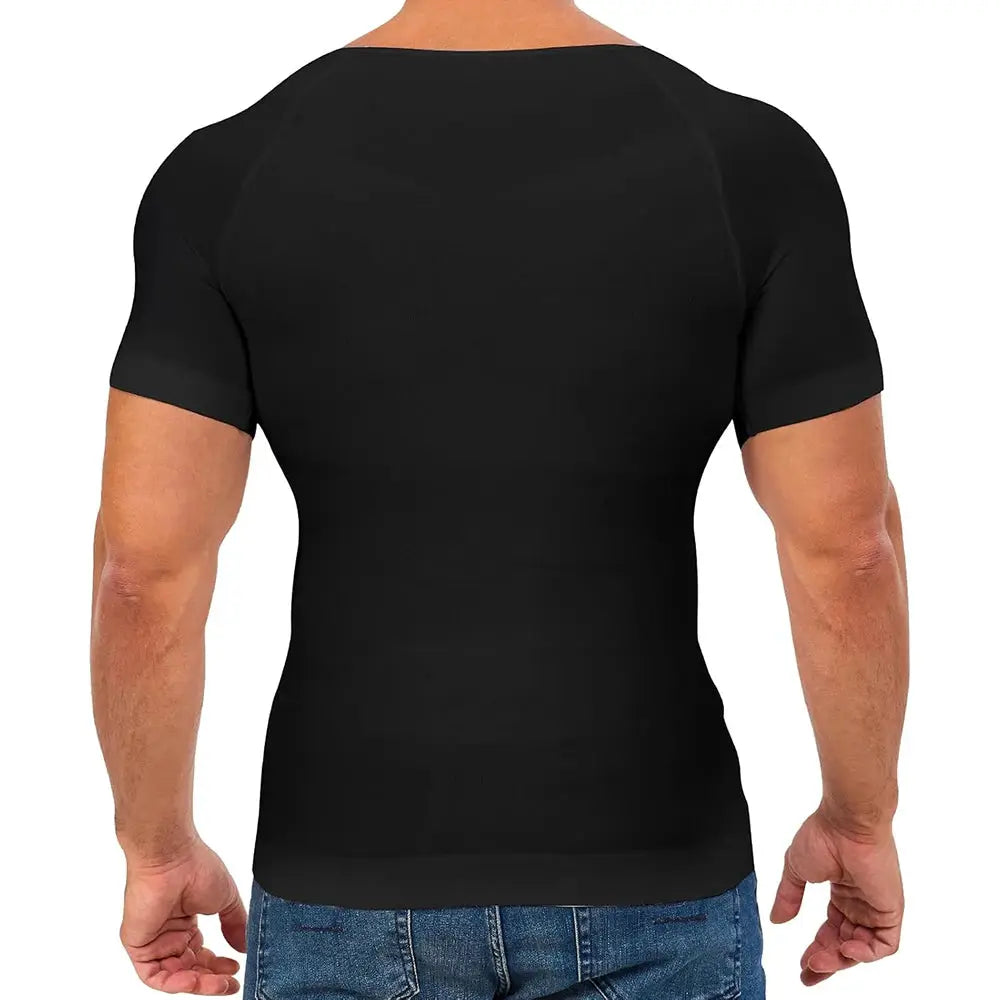Men's black short-sleeve compression shirt; tight fit, back view.