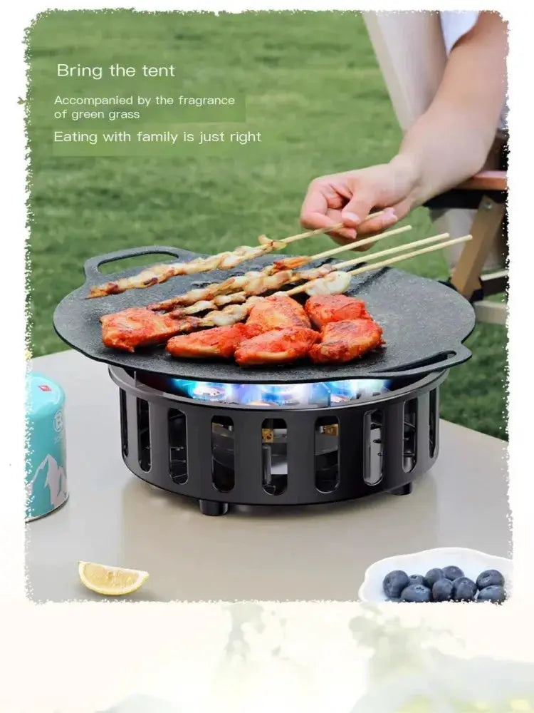 Simples Market portable camping stove with windproof round frame, 21000W high-power burner grilling skewers