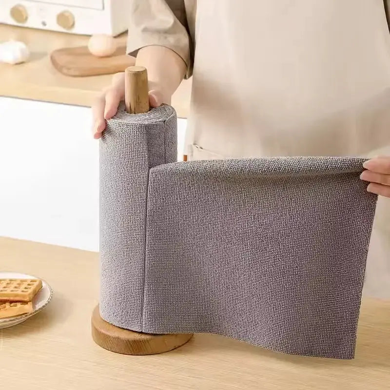 Simples Market reusable microfiber cleaning wipe roll on a wooden stand, gray dishcloth towel (20 sheets)