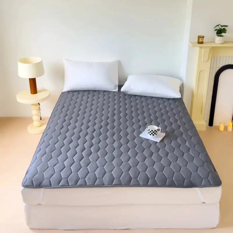 Waterproof quilted mattress protector cover, gray, breathable and thickened topper for single or double bed