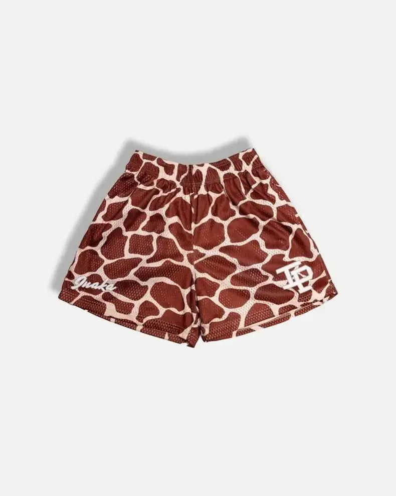 Men's red giraffe-print quick-dry shorts with elastic waistband, breathable athletic swimwear