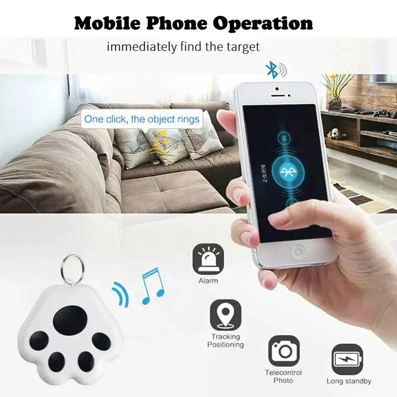 Mini pet GPS tracker white paw-shaped keychain by Simples Market for iOS/Android Bluetooth locator