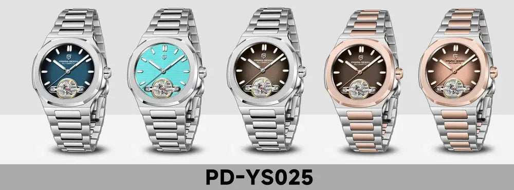Pagani Design 2026 skeleton automatic men's watches with stainless steel bracelets, 5 color variants shown