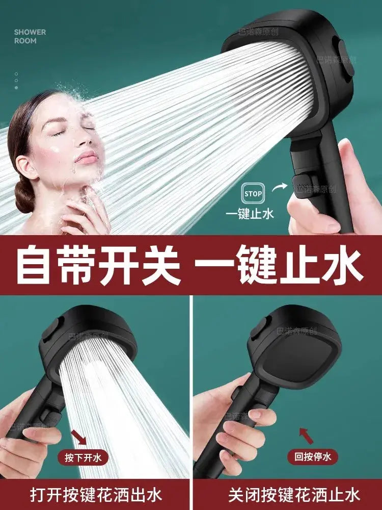 Shower head Simples Market, 3-mode high-pressure, water-saving handheld with one-key stop, black