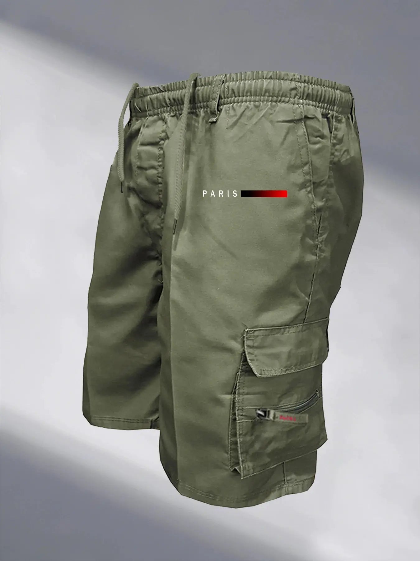 Simples Market men's olive green tactical cargo shorts with elastic waist and multiple pockets