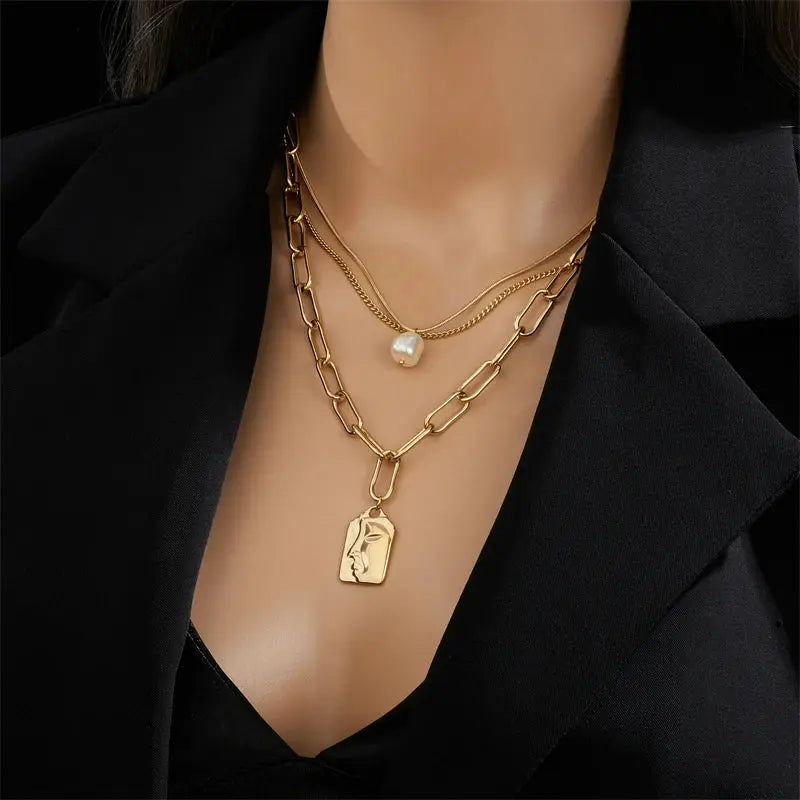 DIEYURO 316L Stainless Steel 3 Layer Pearl Square Portrait Pendant Necklace For Women Punk Street Trend