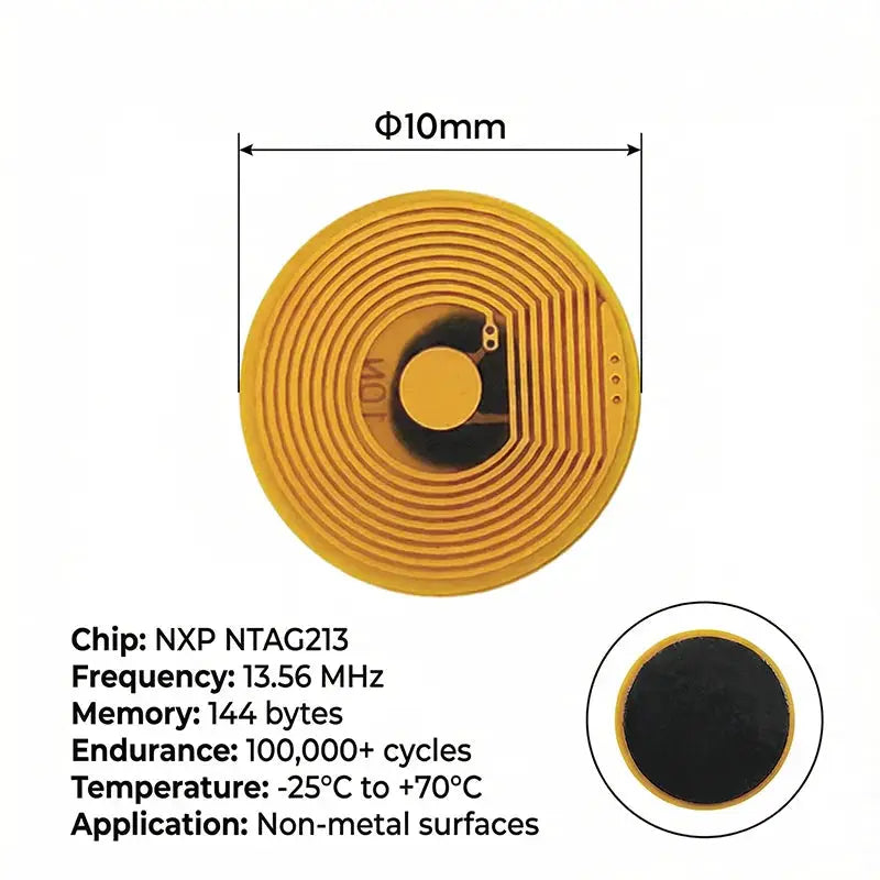 NTAG213 RFID NFC tag, 10mm yellow disk, high-temperature, 144-byte memory, Simples Market