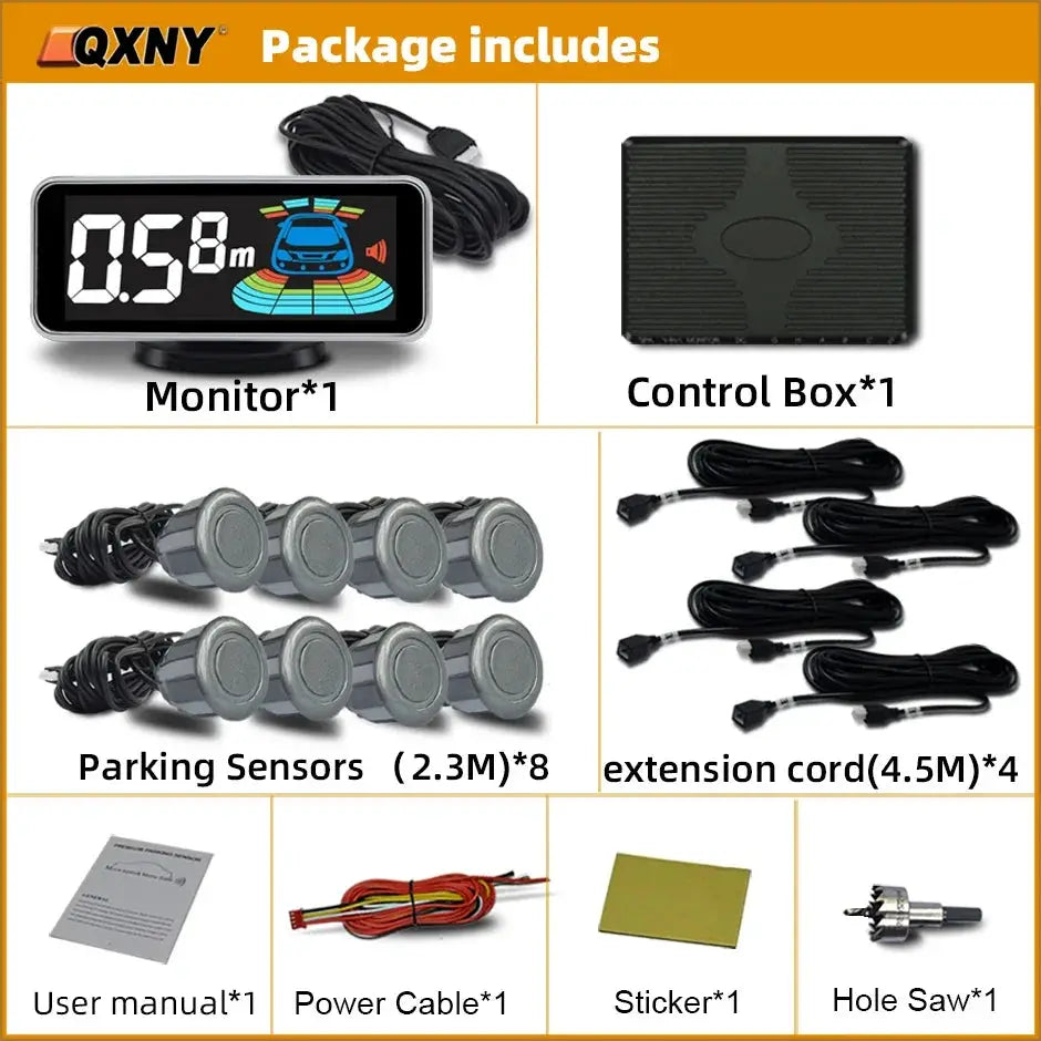 Parktronic parking sensor kit for front and rear with monitor and control box; includes 8 sensors and 4 extension cords.