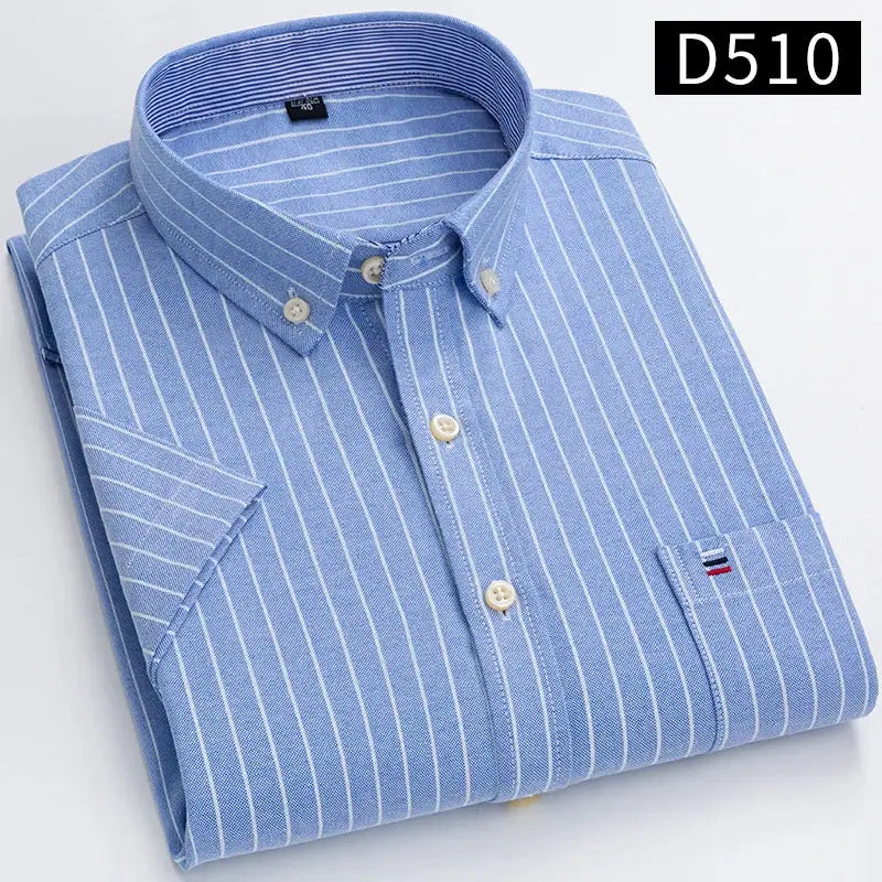 Men's blue striped cotton oxford shirt by Simples Market with button-down collar.