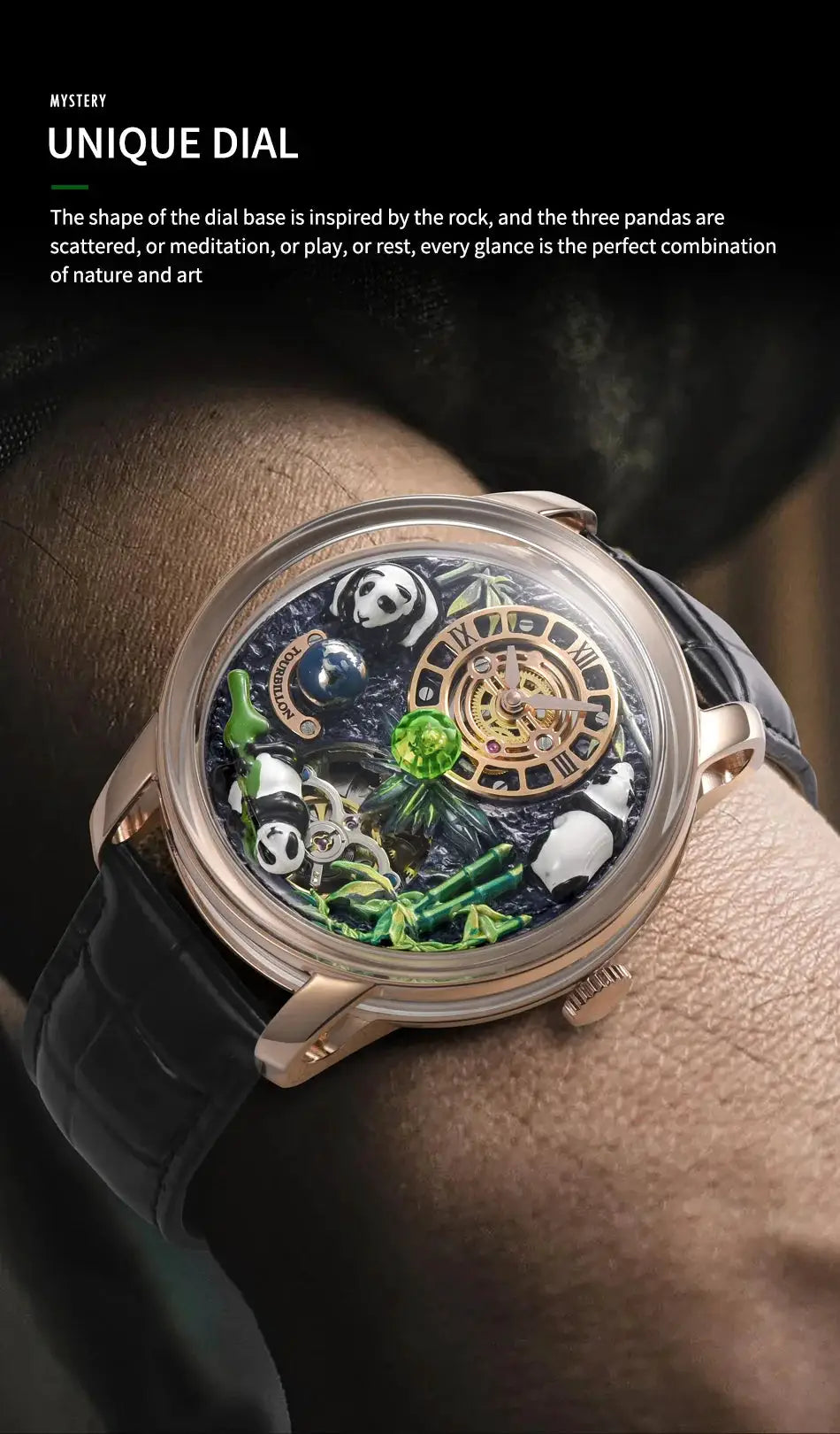 Pindu Panda Series men's mechanical watch with panda dial and rotating crystal ball.
