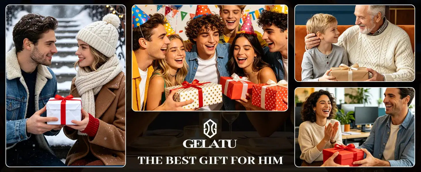 GELATU banner with people celebrating and wrapped gifts, GELATU logo center and The Best Gift for Him