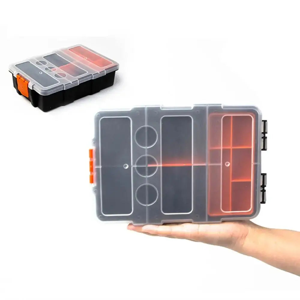 Simples Market multi-grid portable plastic parts toolbox with clear lid and orange latches, held in hand