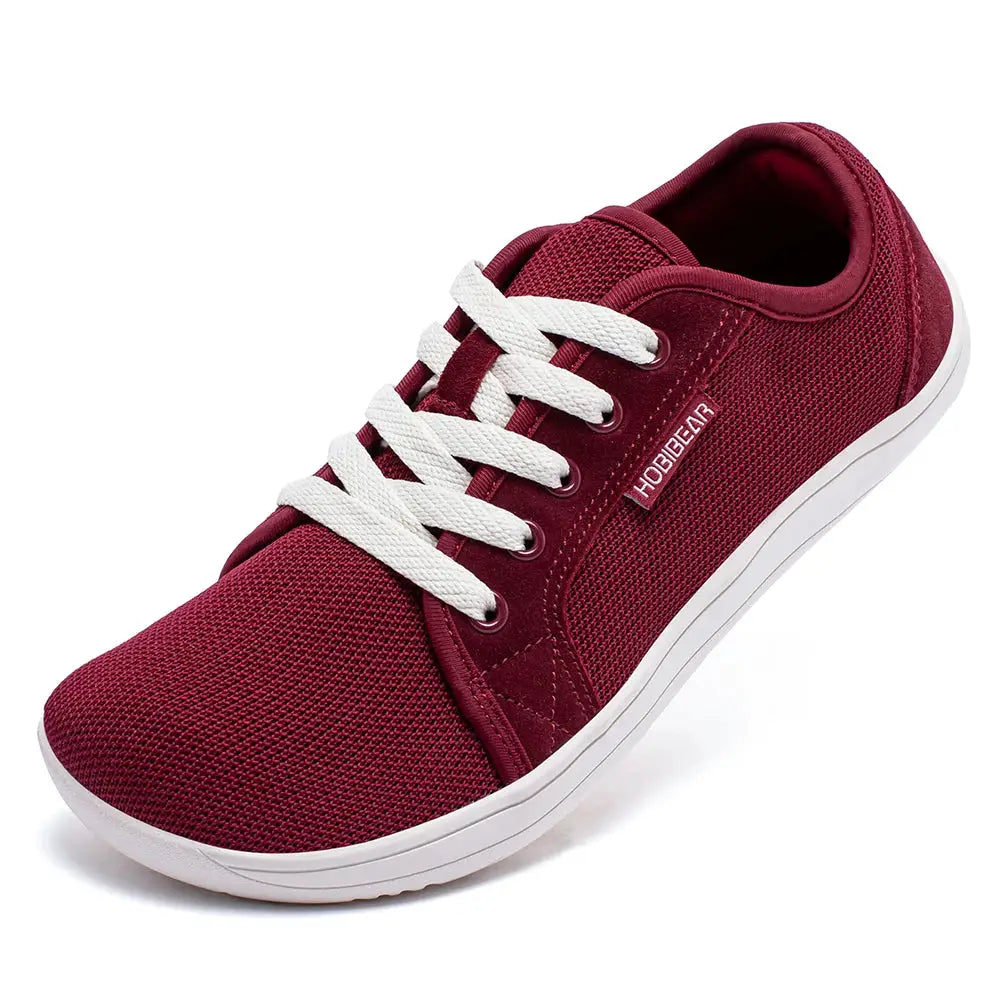 HOBIBEAR wide barefoot sneakers for unisex, maroon mesh casual running shoe with white laces