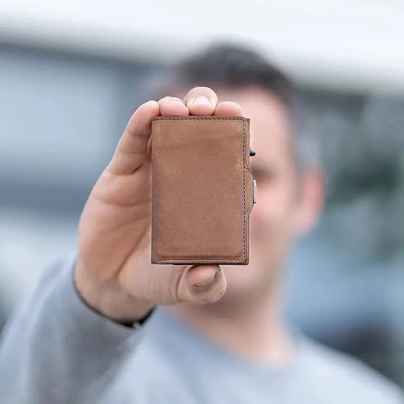 Pop-Up RFID wallet in brown genuine leather by Simples Market with card slots and coin compartment