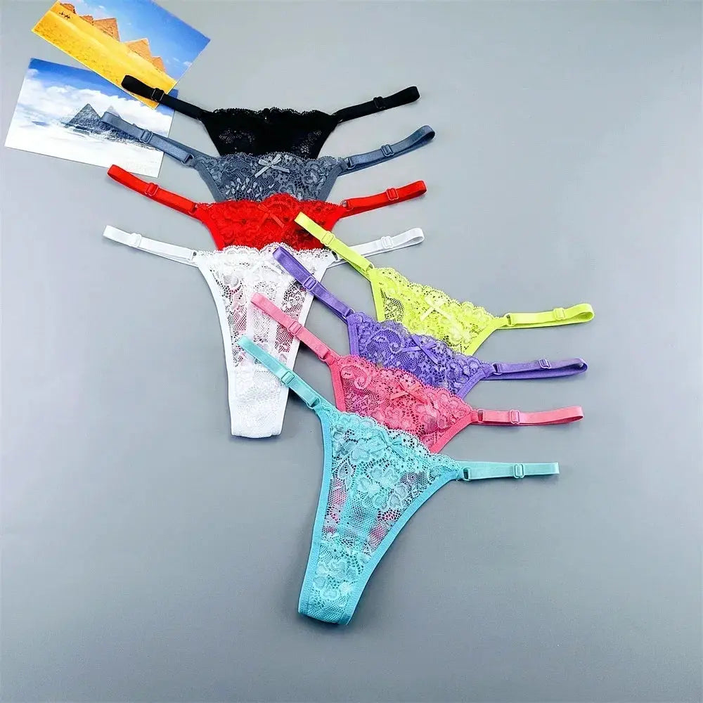 Assorted lace thong panties for women; adjustable, low-rise, T-back design in multiple colors.