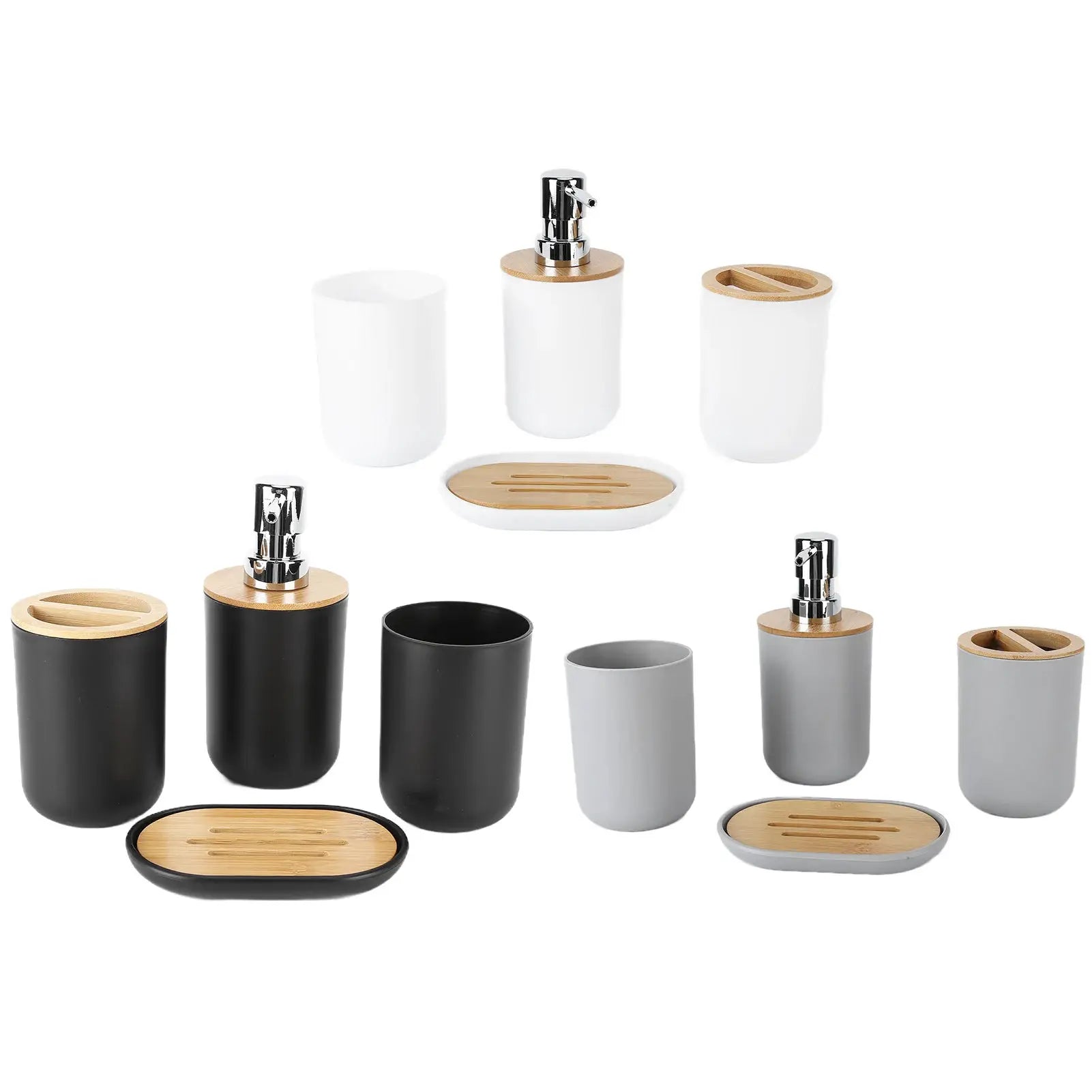 4-piece bamboo bathroom set: dispenser, toothbrush holder, tumbler, soap dish and tray by Simples Market