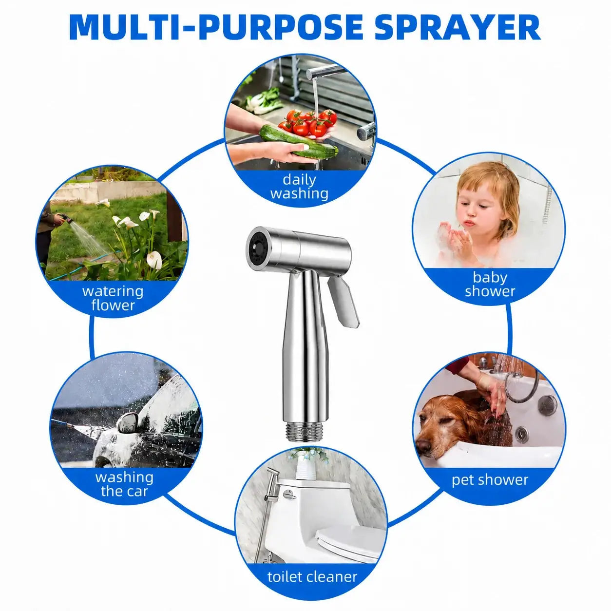 Portable handheld bidet sprayer nozzle in stainless steel for bathroom and personal hygiene.