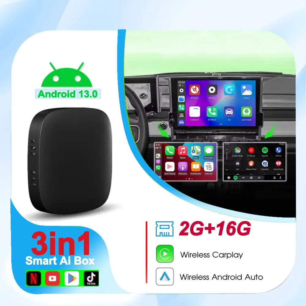 Android 13 TV Box AI CarPlay, black 2G+16G smart car head unit with wireless CarPlay and Android Auto
