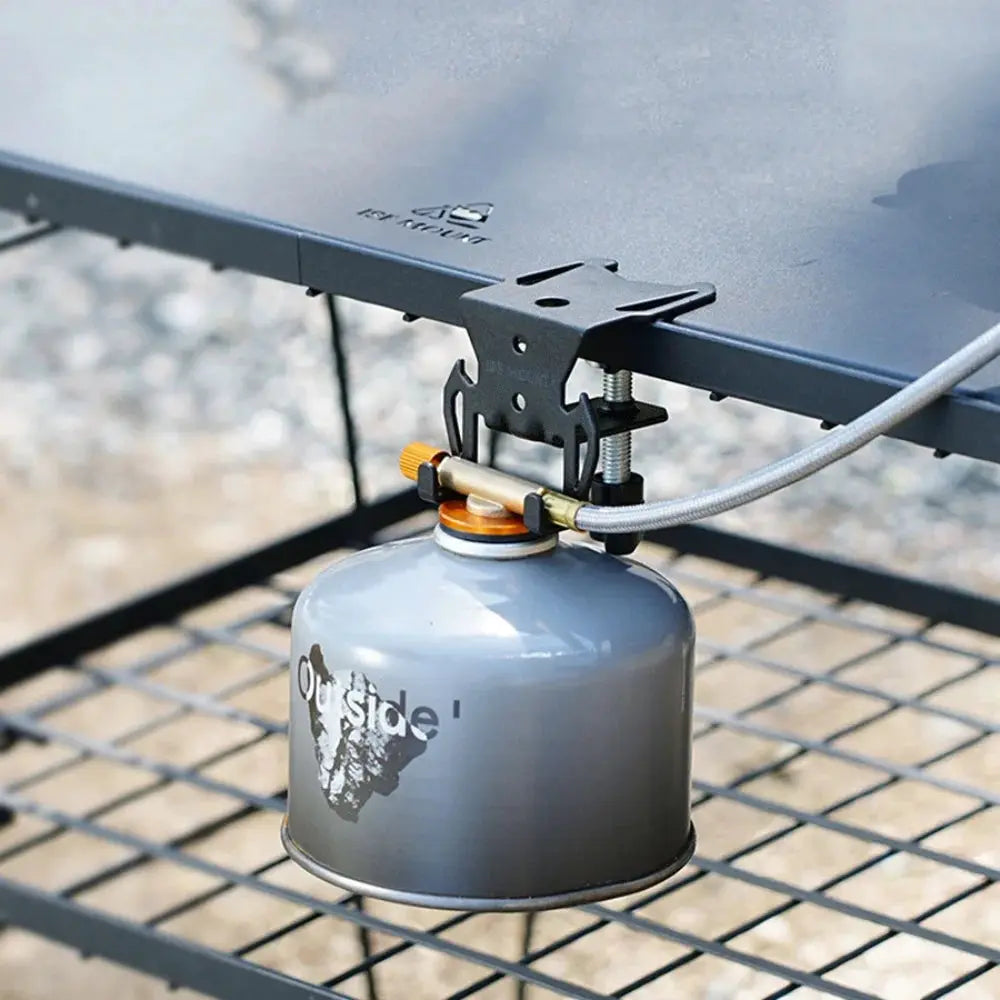 Hang Gas Canister Hook with hanging plate for camping; gray gas canister attached to a metal grill