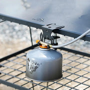 Hang Gas Canister Hook with hanging plate for camping; gray gas canister attached to a metal grill