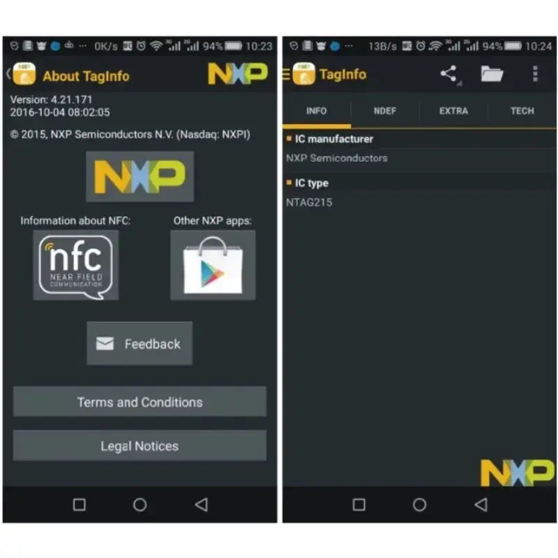 NTAG215 NFC tag details on 2 TagInfo screenshots with NXP branding