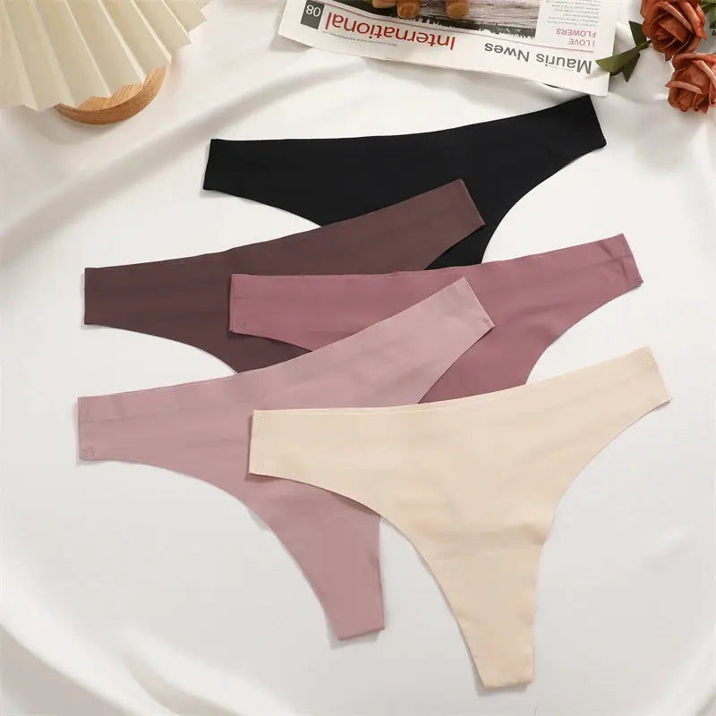 5-pack ultra-thin seamless women's thong underwear in black, brown, mauve, pink, and beige