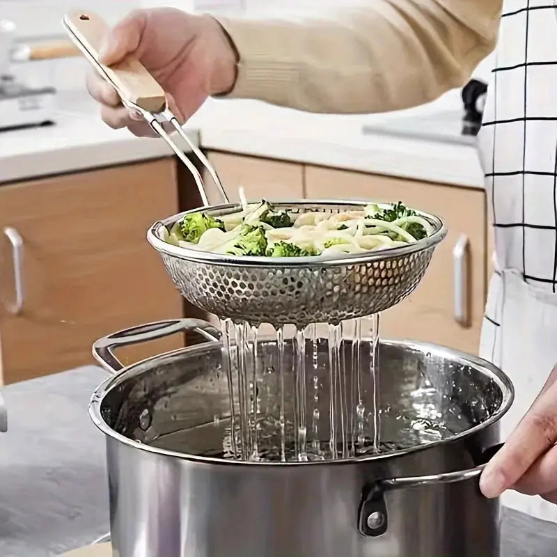 CulinaCraft Stainless Steel Colander With Wooden Handle Fine Mesh Strainer For Pasta Noodles Grease Filtration