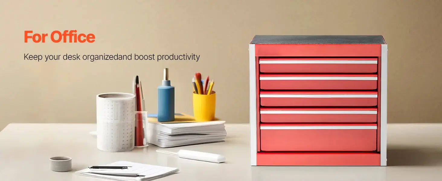 SucceBuy 5-drawer metal tool box red/black portable tool chest with PP feet pads