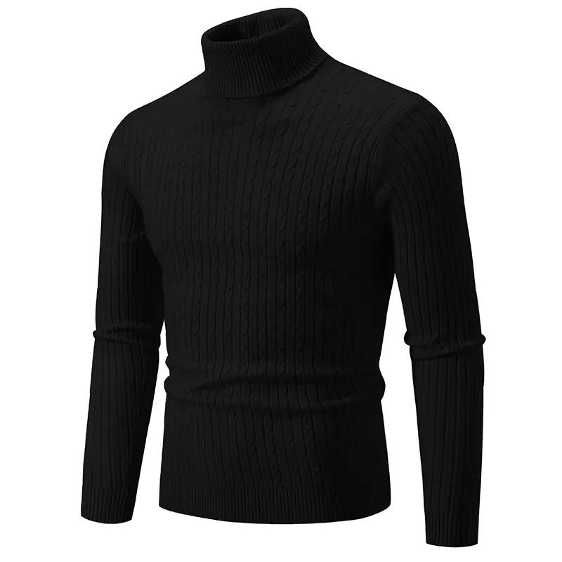 Men's black cable-knit turtleneck sweater, solid color knitted warm pullover.