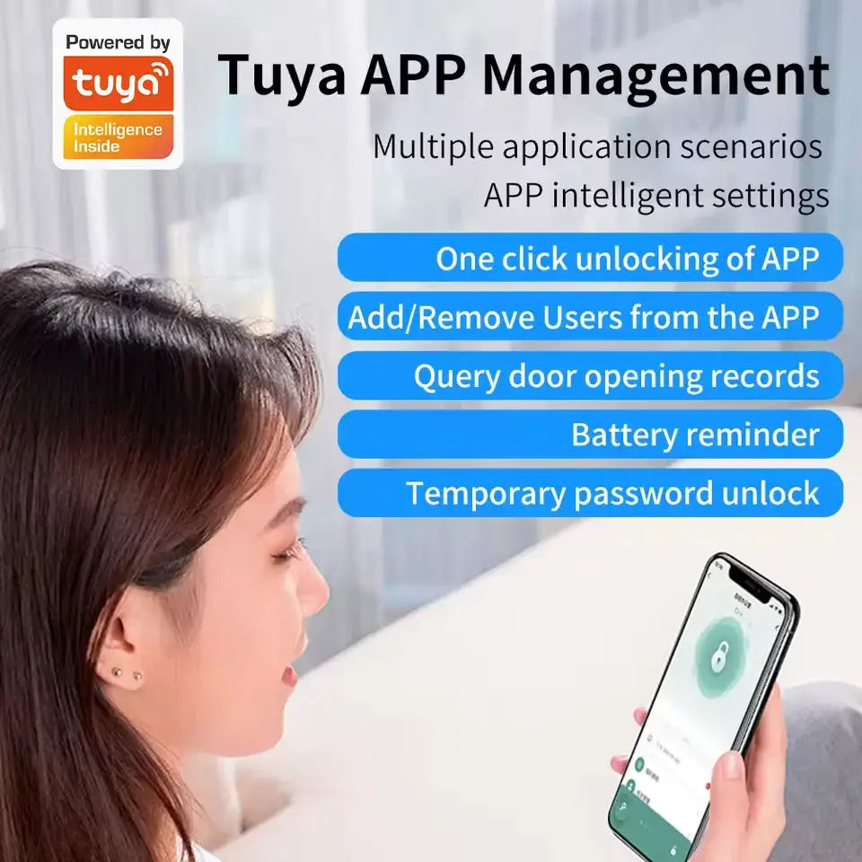 Smart fingerprint door lock for wooden door handle with Tuya Bluetooth app, NFC unlock, password, mechanical key, IP65.