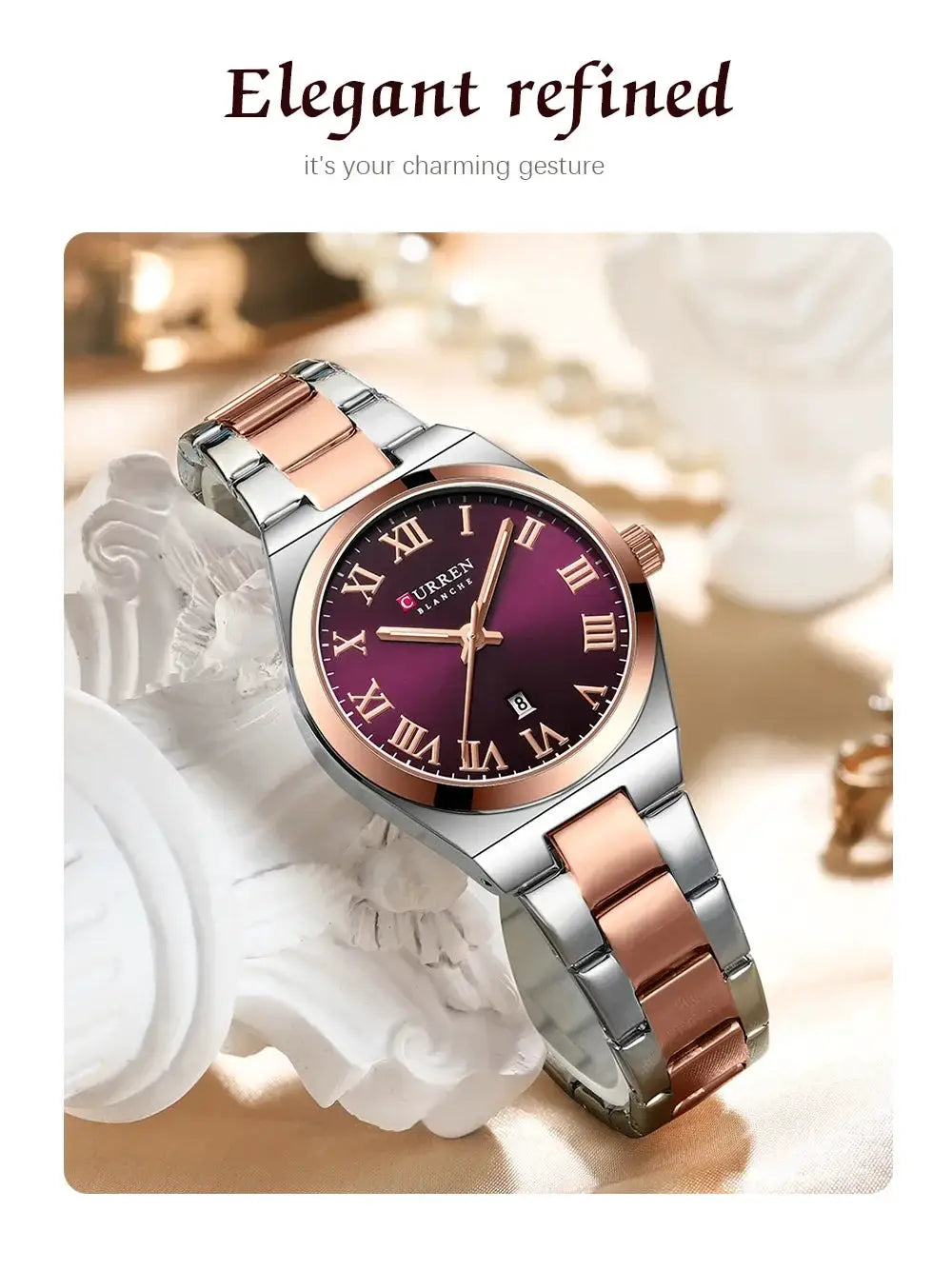CURREN women's two-tone stainless steel bracelet watch with burgundy dial, rose-gold bezel, and date display