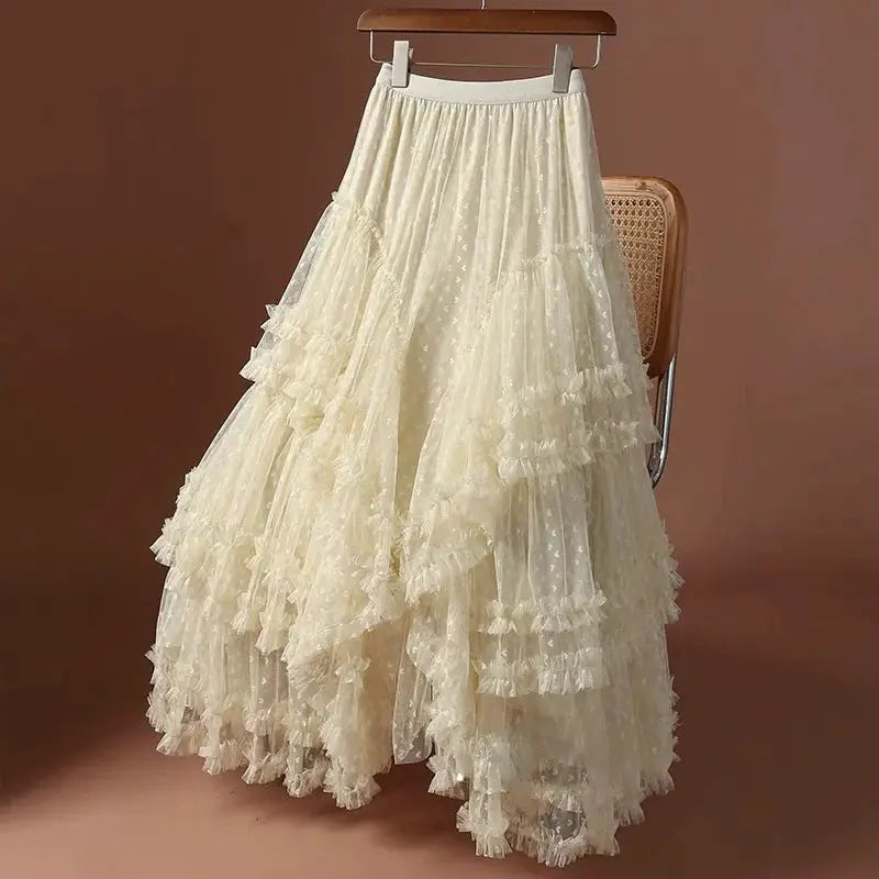 Women's mesh heart-printed long ivory tulle skirt, elastic high waist with layered ruffles