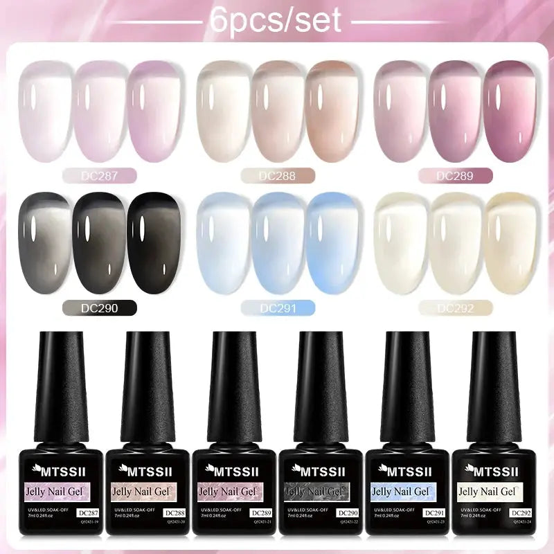 MTSSII jelly nail gel 6pc set by Simples Market in sea-blue transparent shades; soak-off UV gel polish bottles