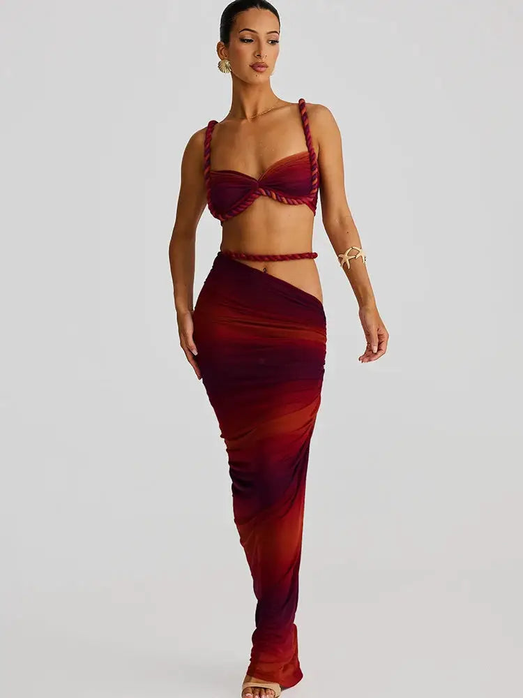 Kliou Woven Sexy Women Two Piece Set With Pleated Crop Camisoles And High Waist Maxi Skirt Contouring Stretch Fabric