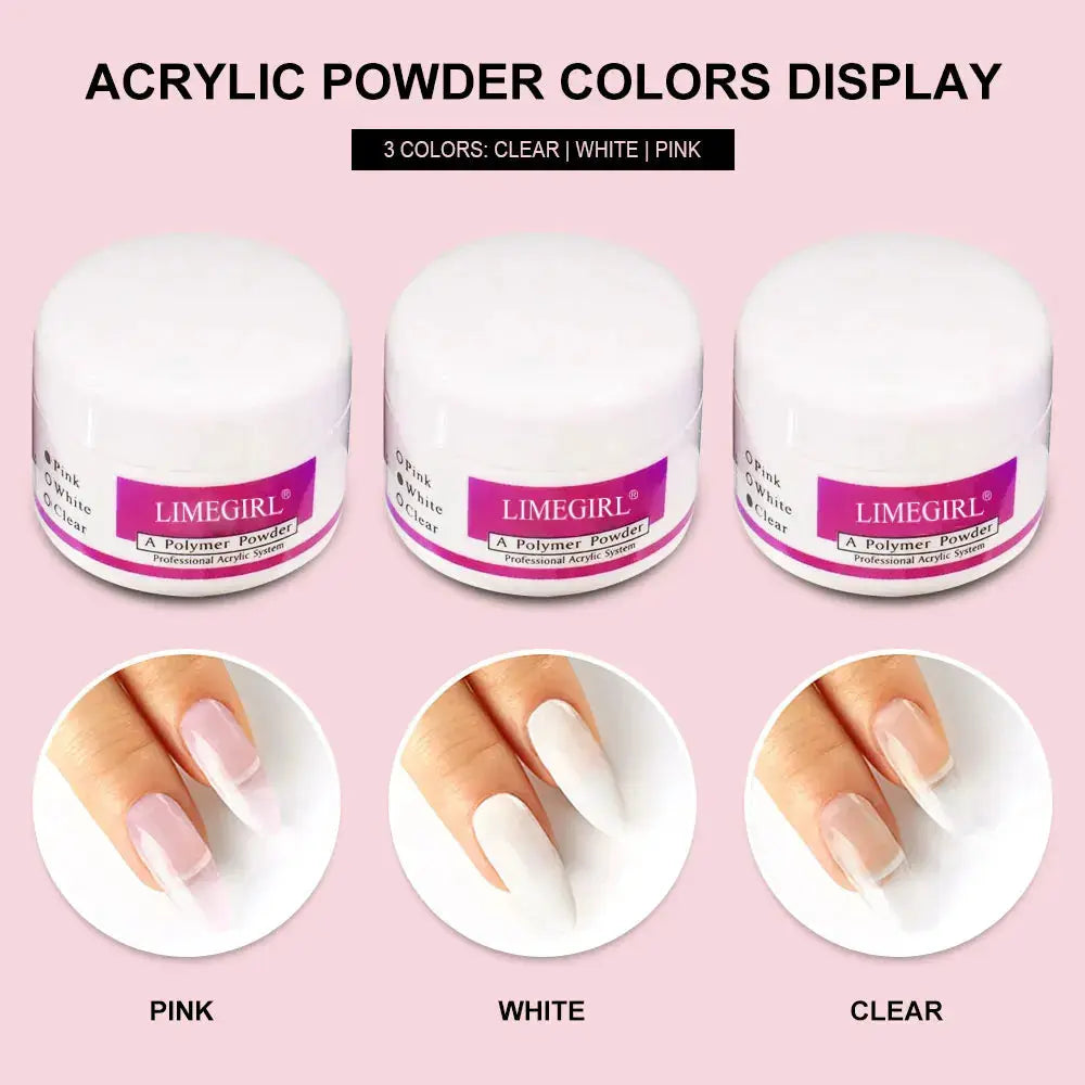 3-pack nail acrylic powder set by LIMEGIRL with pink, white and clear colors