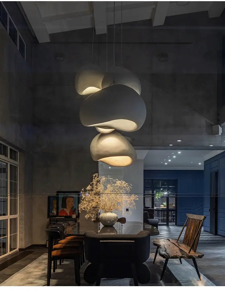 Nordic Wabi Sabi pendant lights, three sculptural white LED ceiling chandeliers.