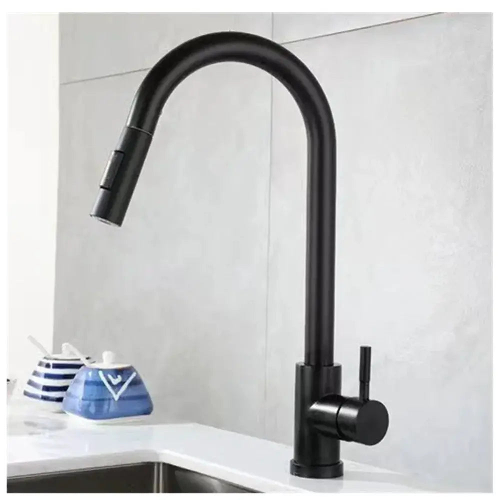 Kitchen faucet with gooseneck pull-out spray in black, deck-mounted, two-mode nozzle by Simples Market, SUS 304.