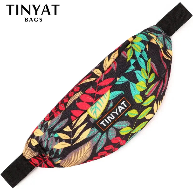 TINYAT waist bag with tropical leaf print and black strap