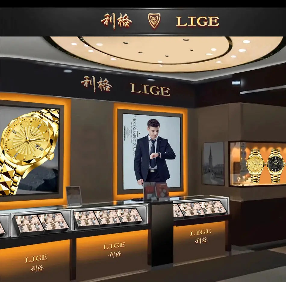 LIGE watches on display at Simples Market; gold-tone stainless steel bracelet models in glass cases