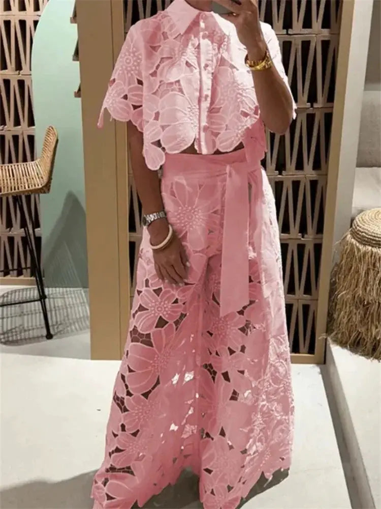 Women Hollow Out Two Piece Wide Leg Pants Set Lace Casual Style