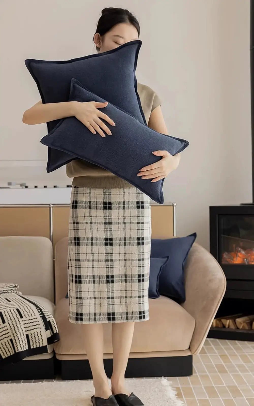 Decorative ramie cushion covers, navy blue, by Simples Market; boho farmhouse home decor