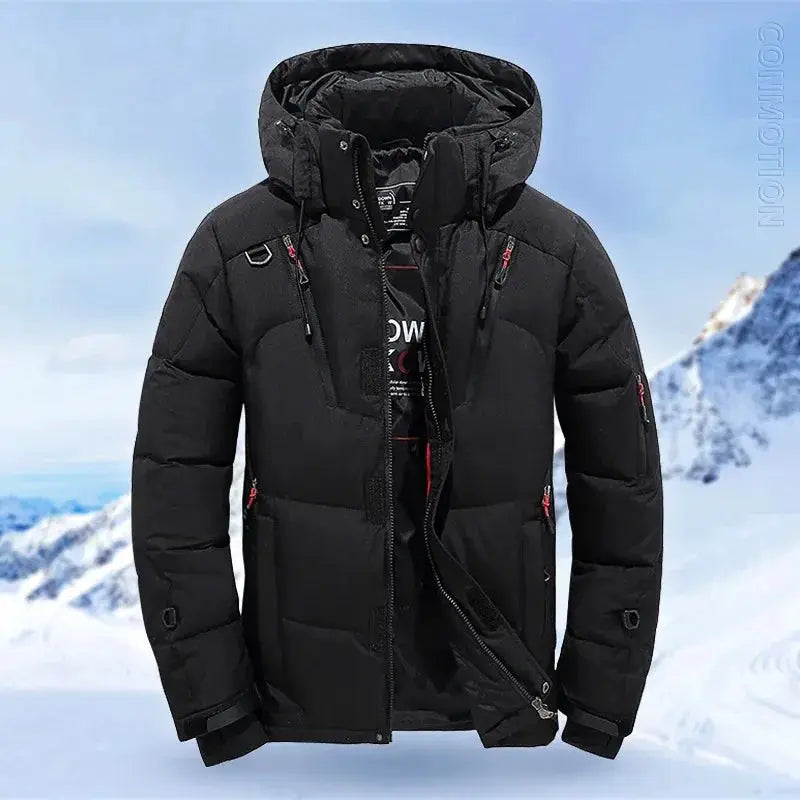 Men's black hooded duck-down puffer jacket with quilted panels and red zipper accents