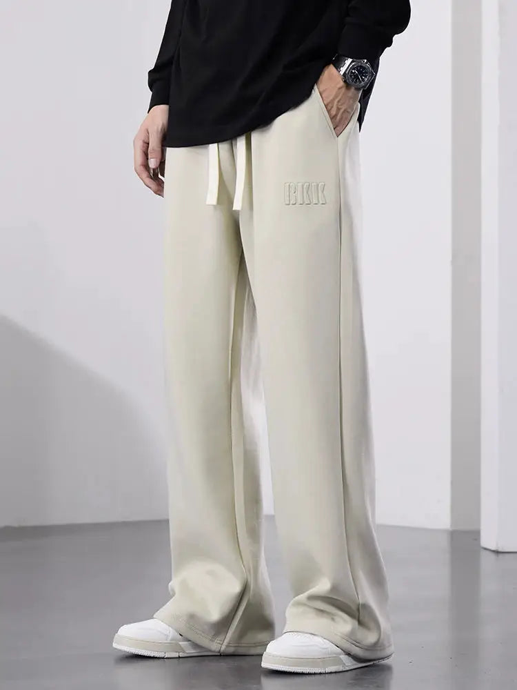 Men's wide-leg cotton sweatpants with drawstring waist, beige, BKK logo embroidery, casual pants by Simples Market
