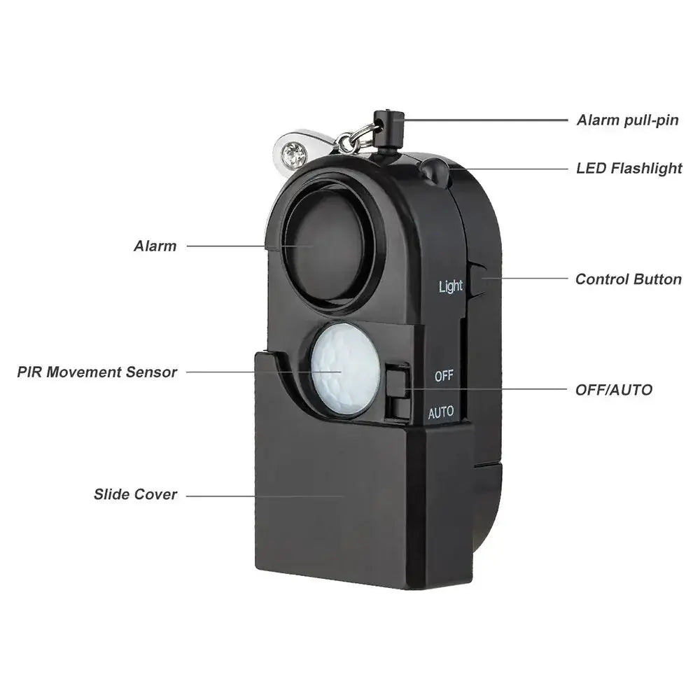 KERUI portable mini motion detector alarm in black with PIR sensor, LED light and 120dB siren