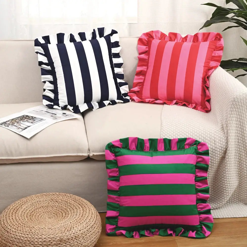 3 striped velvet pillowcases 18x18 in navy/white, pink, and green with ruffled edges