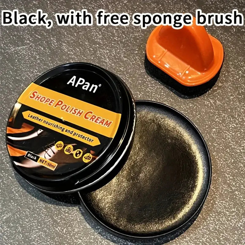 APan faux leather shoe polishing kit with black shoe cream tin and orange sponge brush