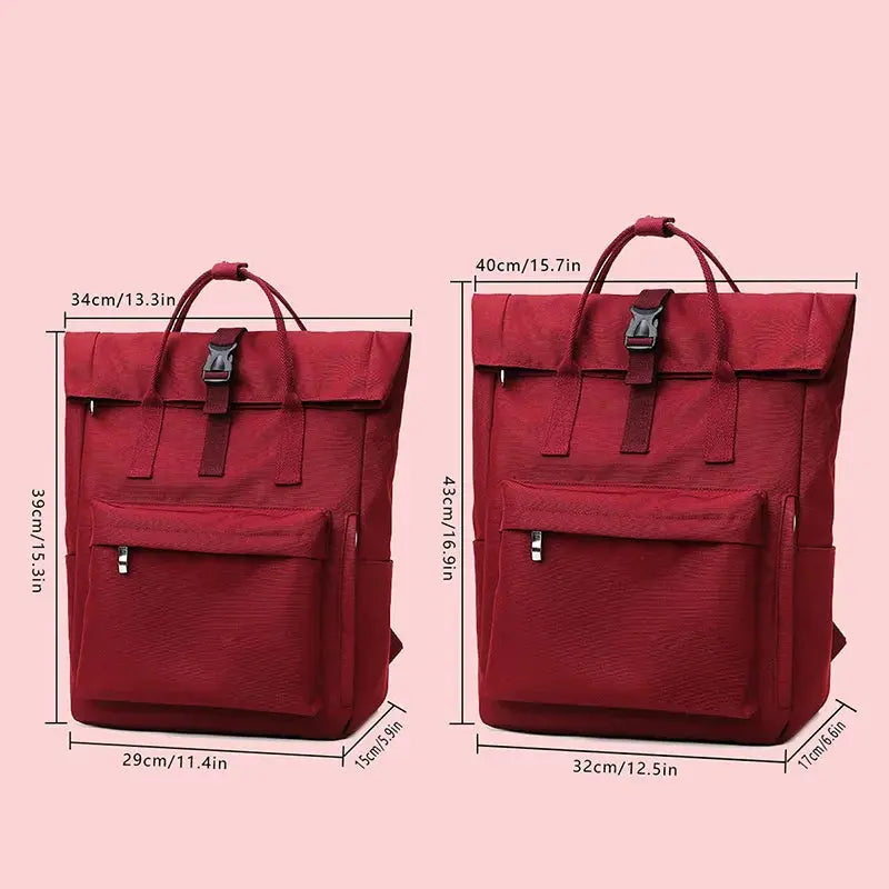 Simples Market red two-backpack set; large-capacity student backpacks with front zip pocket and buckle closures.