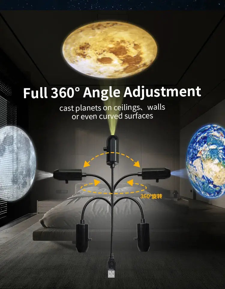 Halloween USB projector light with 360° rotating arms projecting moon and Earth by Simples Market